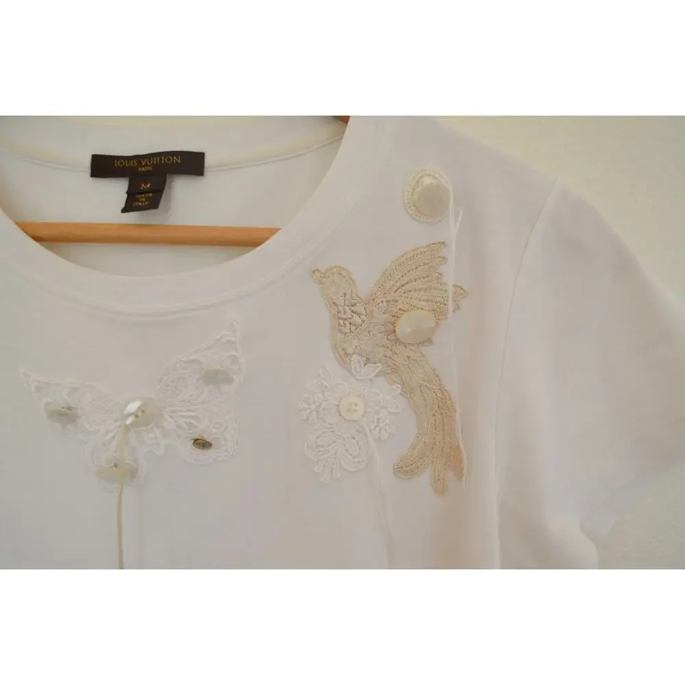 Louis Vuitton White Cotton Lace Applique Short Sleeve T-Shirt